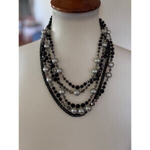 WHBM Black Bead Silver Pearl Multi Strand Elegant Necklace w Black Rope Chain